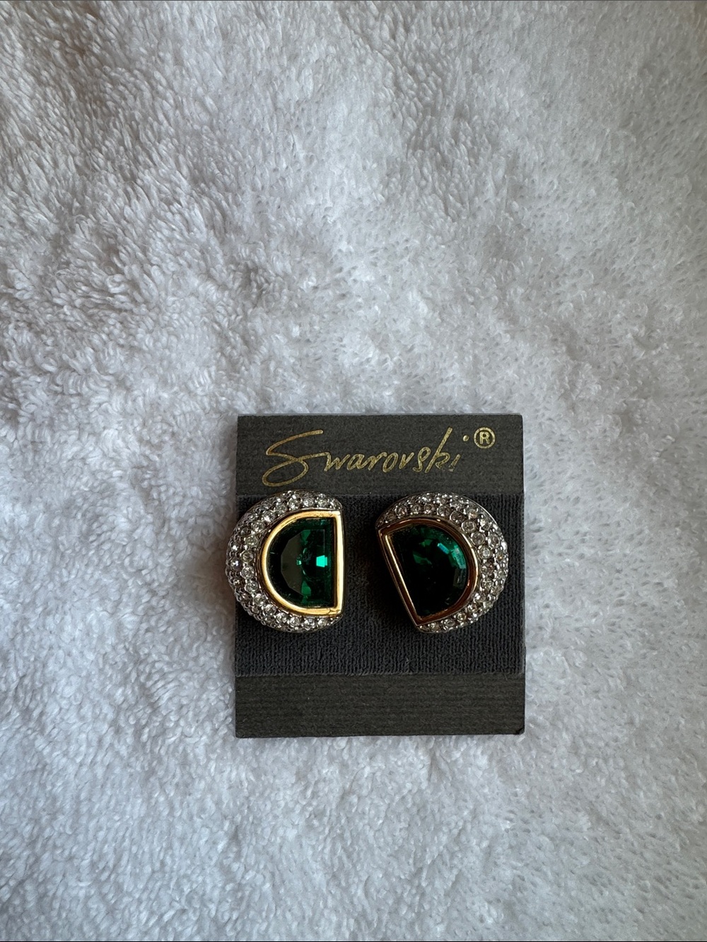 NWOT Swarovski Deep Green Crystal Half-Moon Halo Stud Clip On Earrings